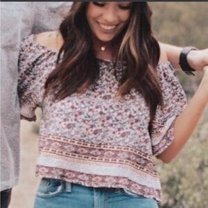 Forever 21 shirt - blue/cream/red floral off shoulder cropped